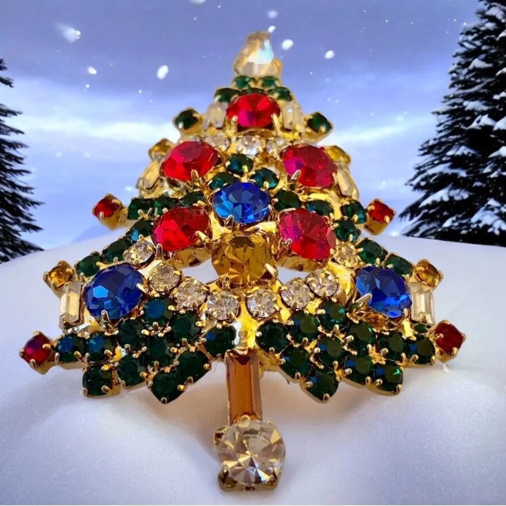 OTC Vintage Christmas Tree Brooch Pin Multi Color Rhinestones Baguettes signed